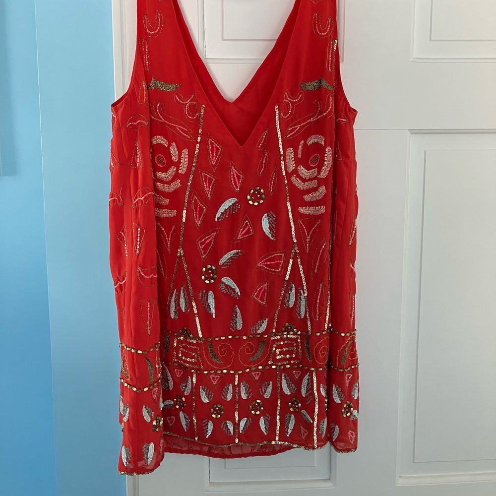 Free People Red Embellished V-Neck Mini Dress